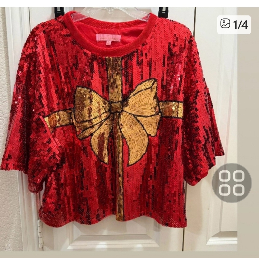Simply Southern Red Sequin Crop Top with Gold Bow, XL, small flaw